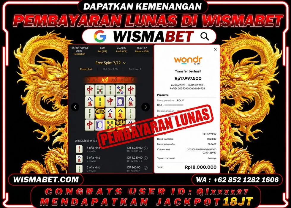 Wismabet - BUKTI KEMENANGAN Mahjong Ways Rp18,000,000,- LUNAS